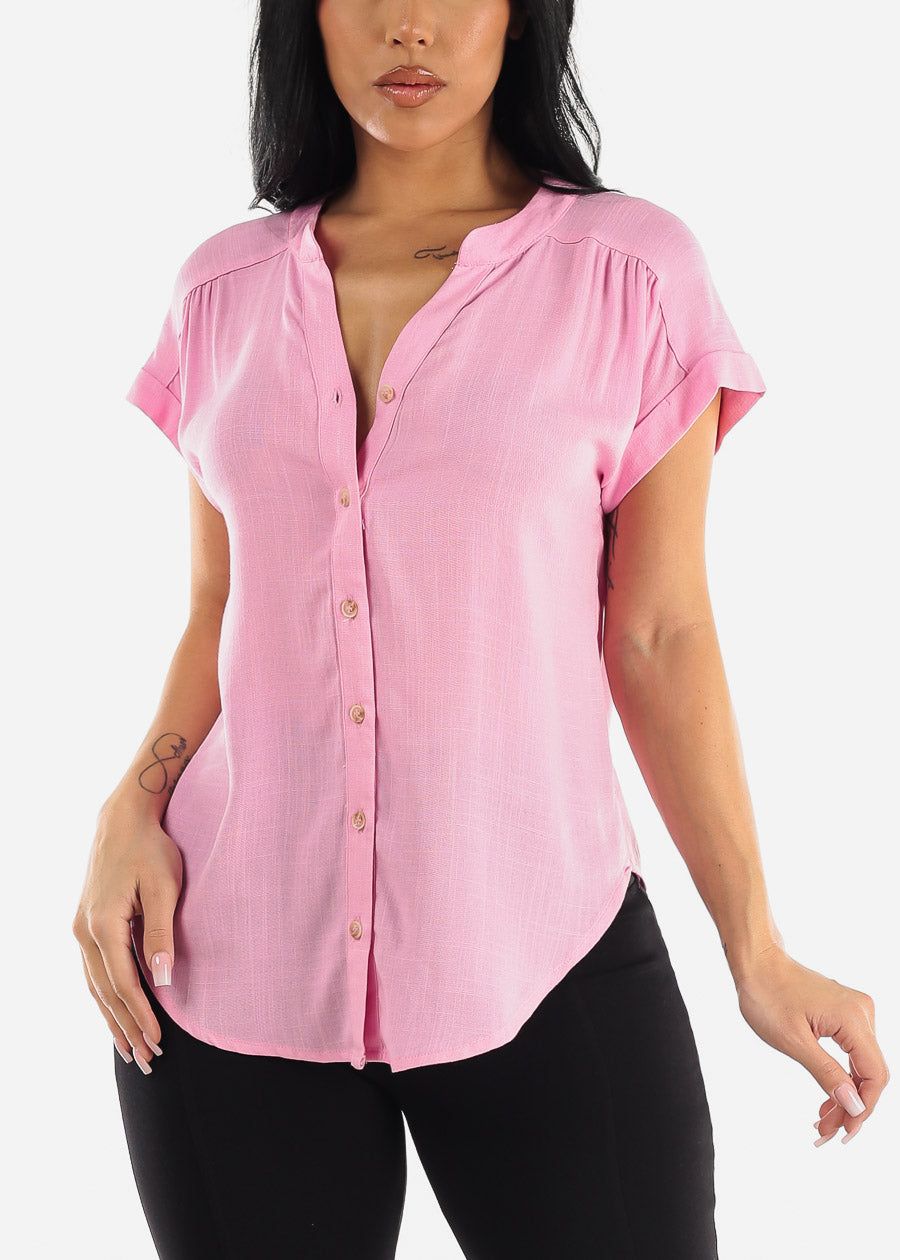 Short Sleeve Round Hem Button Up Woven Blouse Pink sold by Moda