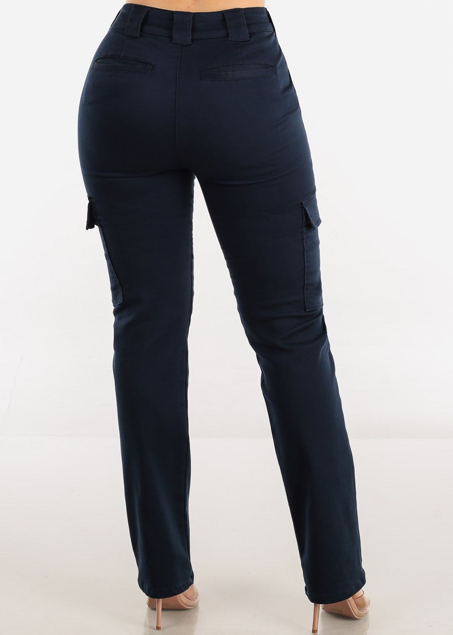 Navy High Waisted Straight Cargo Pants sold by Moda product image thumbnail 4