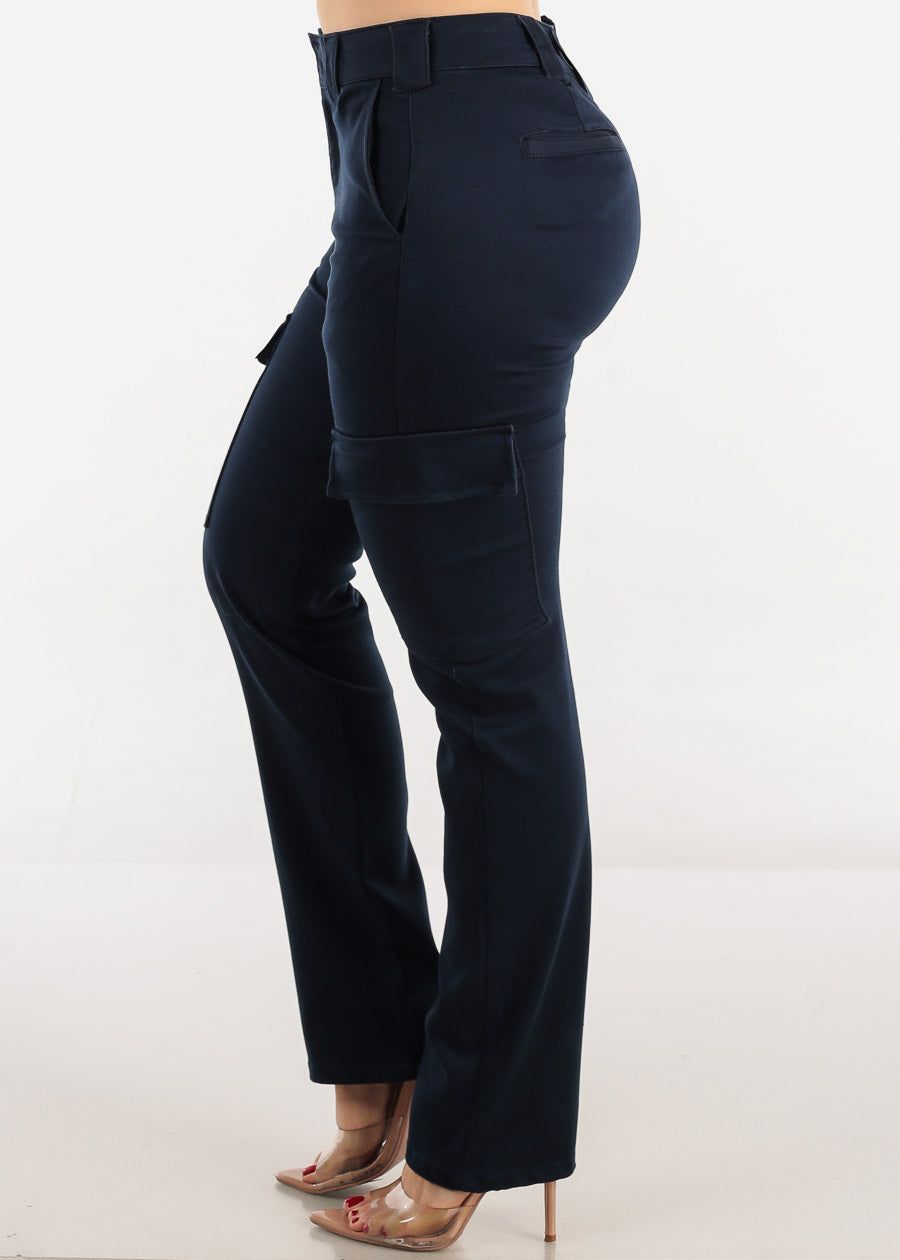 Navy High Waisted Straight Cargo Pants sold by Moda product image thumbnail 3