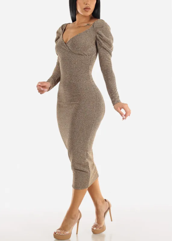 Sexy Gold Metallic Stretchy Midi Dress Off Shoulder sold by Moda