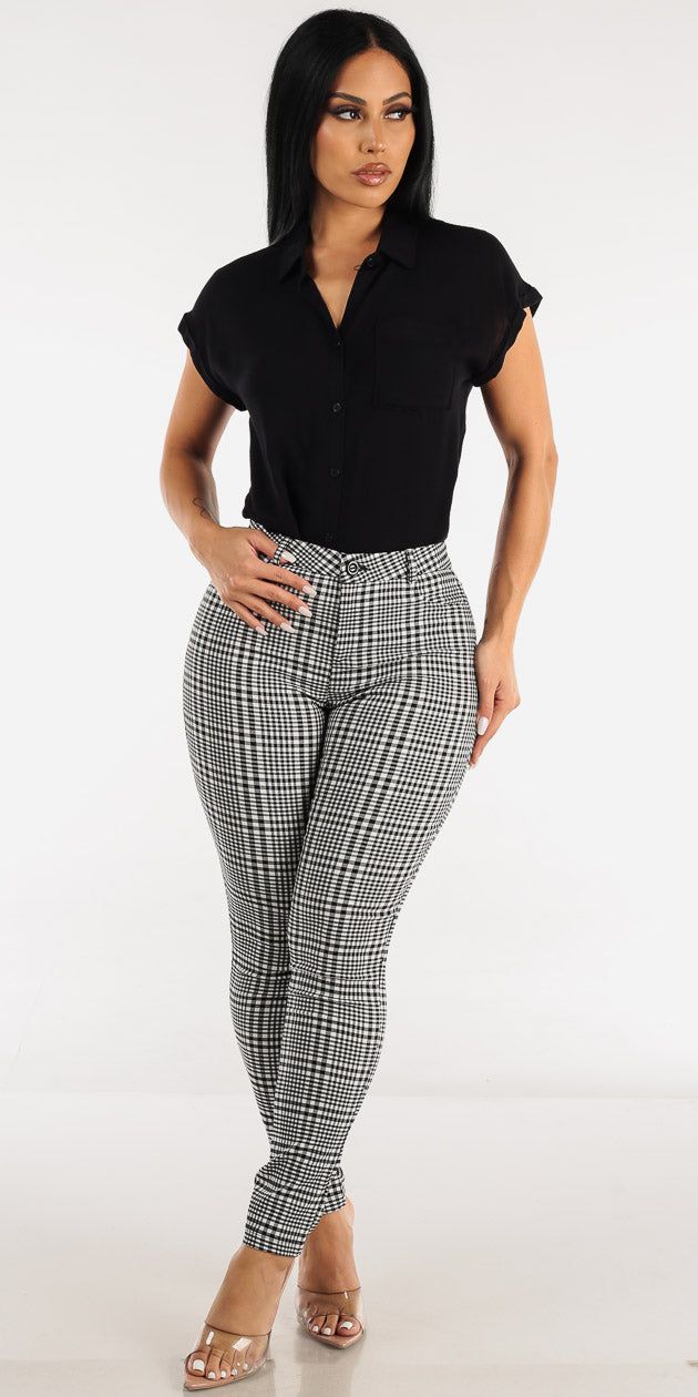 Mid Rise Plaid Skinny Pants with Short Sleeve Button Up Black Shirt sold by Moda