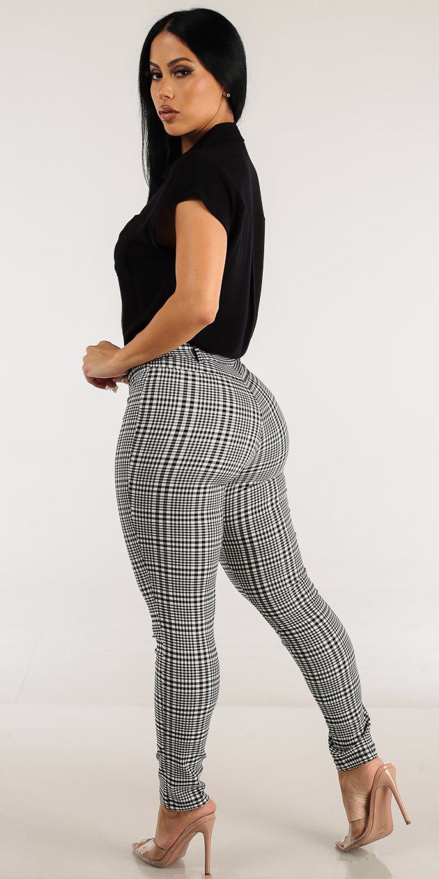 Mid Rise Plaid Skinny Pants with Short Sleeve Button Up Black Shirt sold by Moda product image thumbnail 2