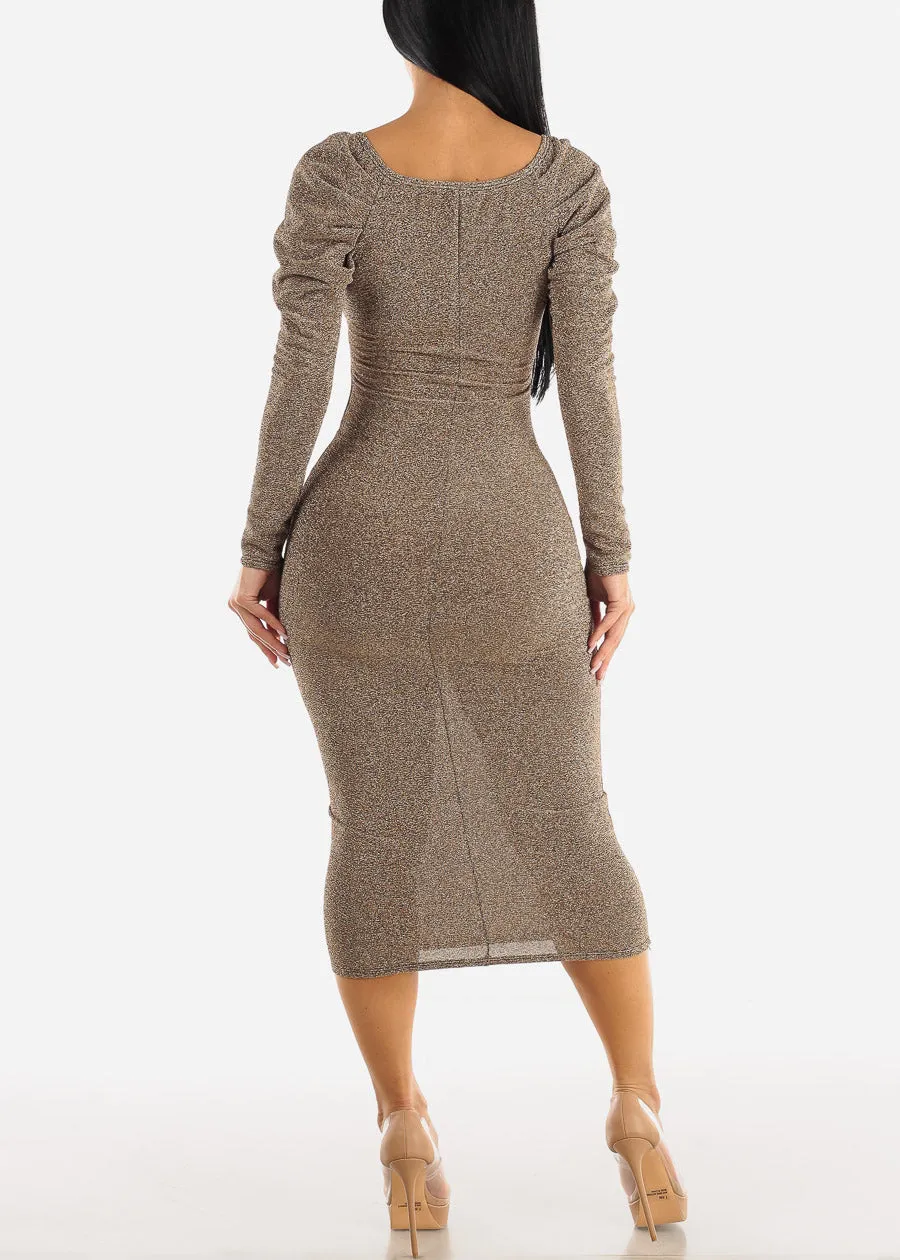 Sexy Gold Metallic Stretchy Midi Dress Off Shoulder sold by Moda product image thumbnail 3