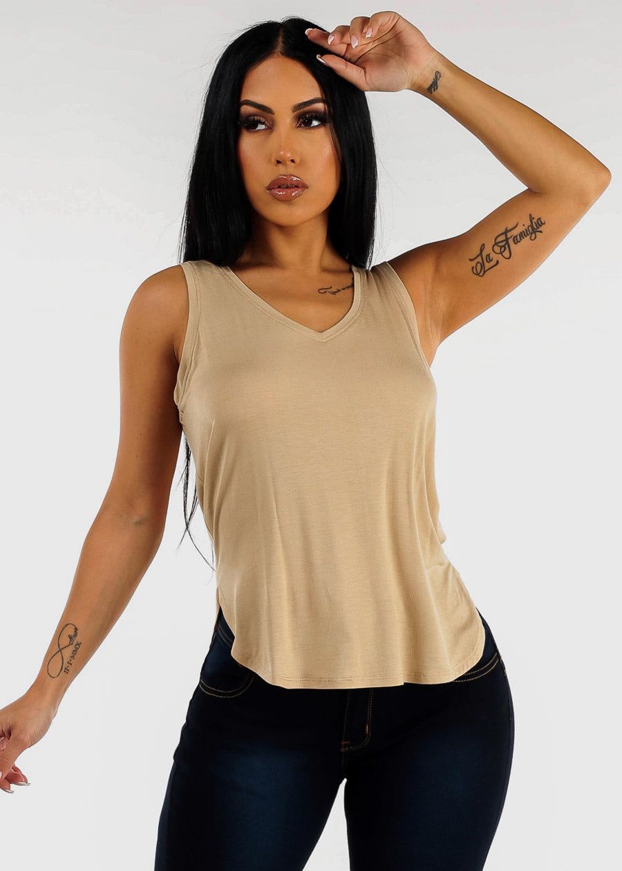 Sleeveless Vneck Tank Top Beige sold by Moda