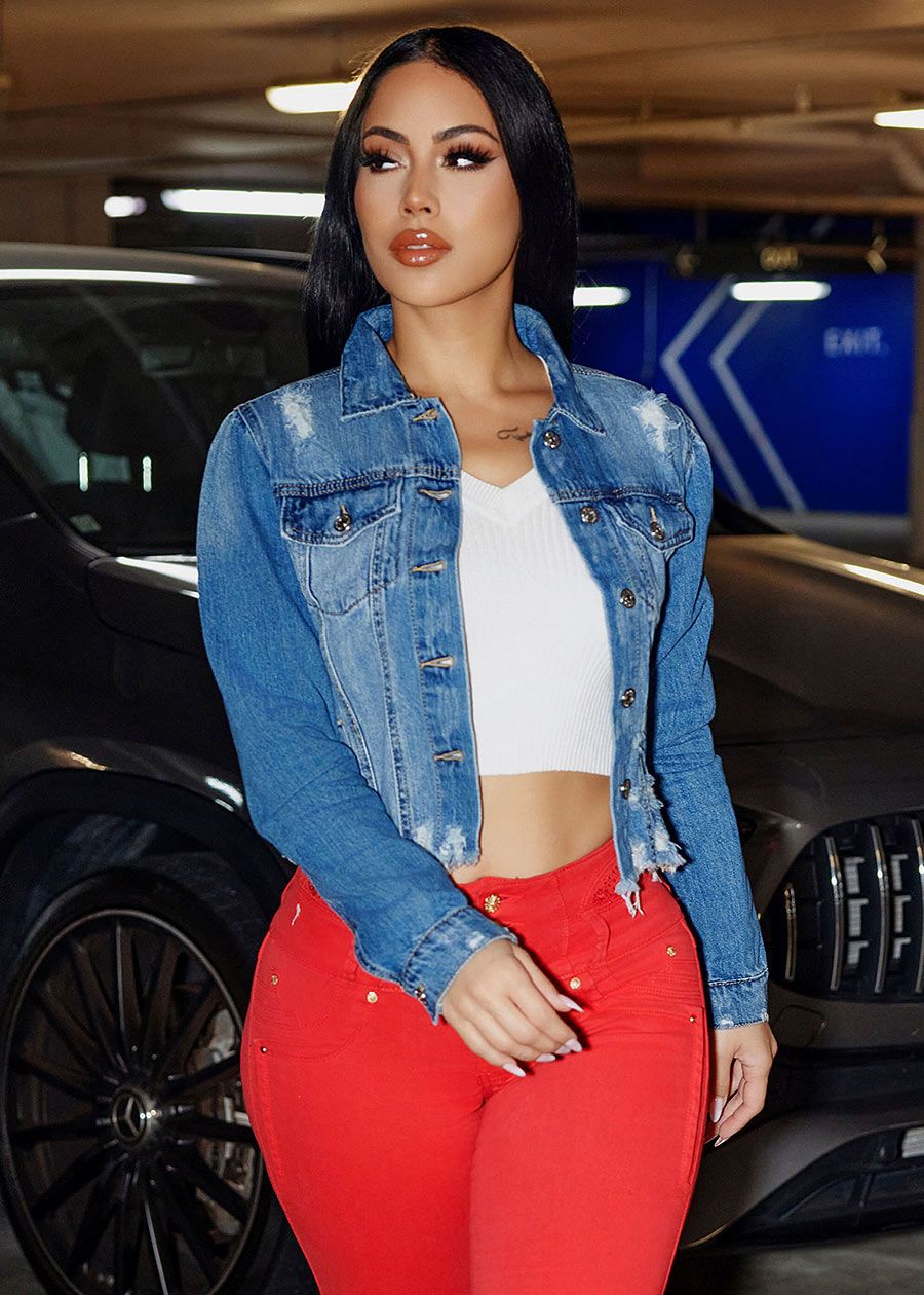 Distressed Long Sleeve Denim Jacket sold by Moda