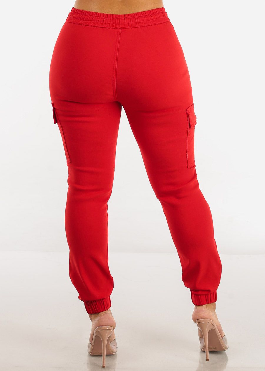 Red High Waist Drawstring Hyper Stretch Cargo Joggers sold by Moda product image thumbnail 4