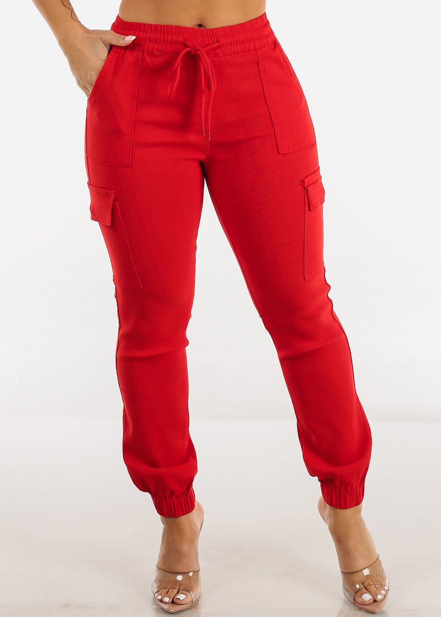 Red High Waist Drawstring Hyper Stretch Cargo Joggers sold by Moda