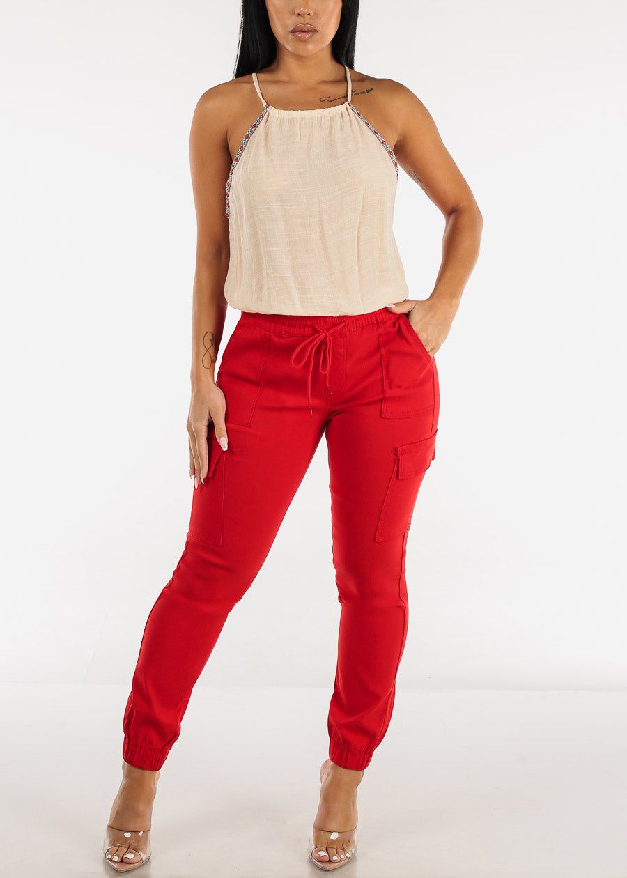 Red High Waist Drawstring Hyper Stretch Cargo Joggers sold by Moda product image thumbnail 2