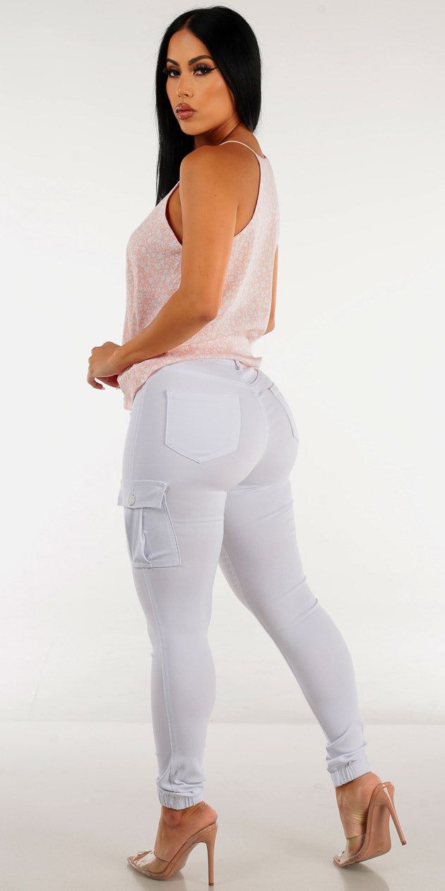 White Hyper Stretch Cargo Joggers with Sleeveless Pink Halter Floral Cami Top sold by Moda product image thumbnail 2