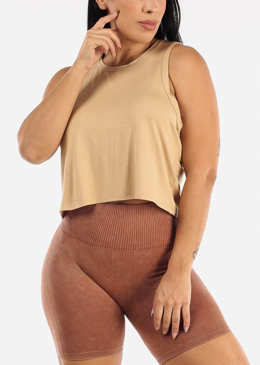 MONO B Activewear Sleeveless Flowy Cropped Tank Top Beige sold by Moda