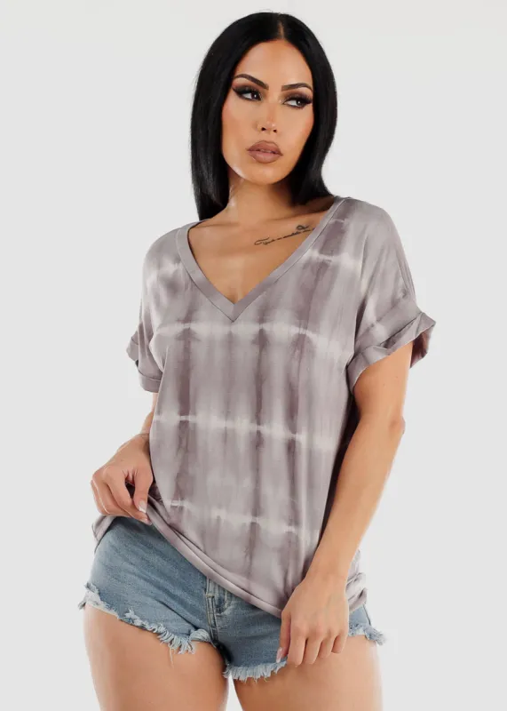 Short Sleeve Tie Dye Vneck Top Grey sold by Moda