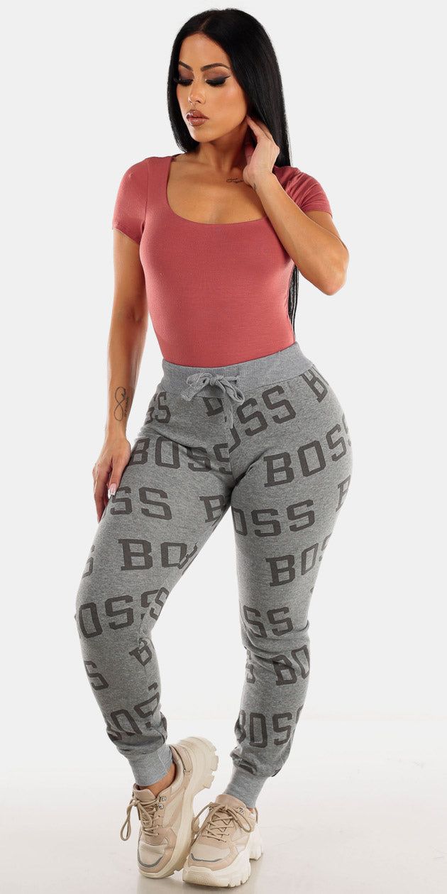 Light Grey High Rise Printed Jogger Sweatpants with Short Sleeve Mauve Thong Bodysuit sold by Moda