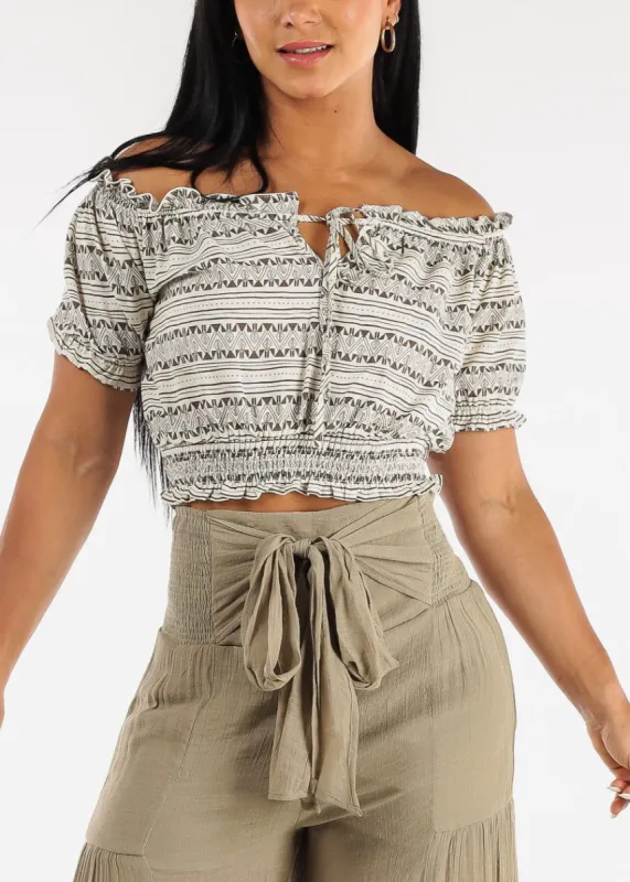 Off Shoulder Geo Print Crop Top Beige sold by Moda