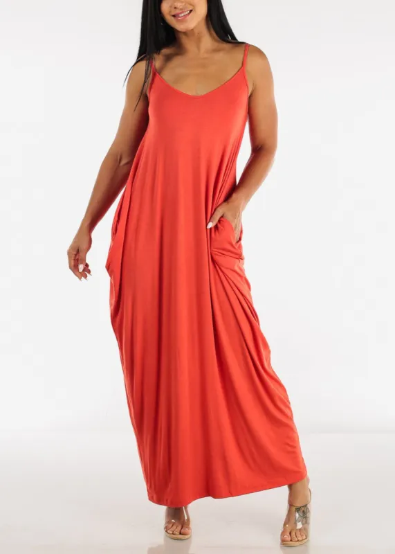 Sleeveless Harem Maxi Dress Red Orange w Pockets sold by Moda