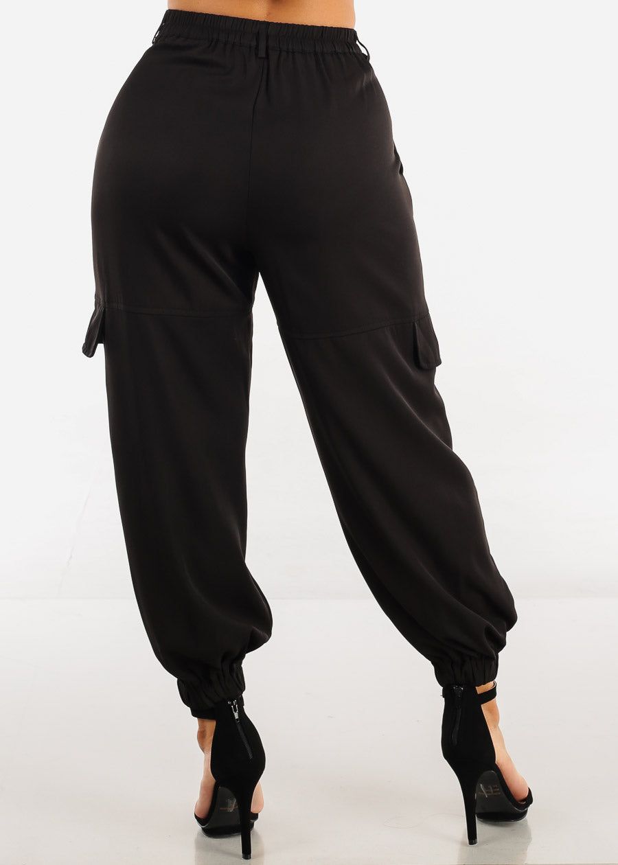 Black High Waisted Cargo Jogger Pants sold by Moda product image thumbnail 4