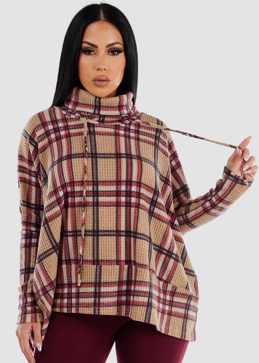 Long Sleeve Plaid Turtleneck Sweater Top Khaki sold by Moda