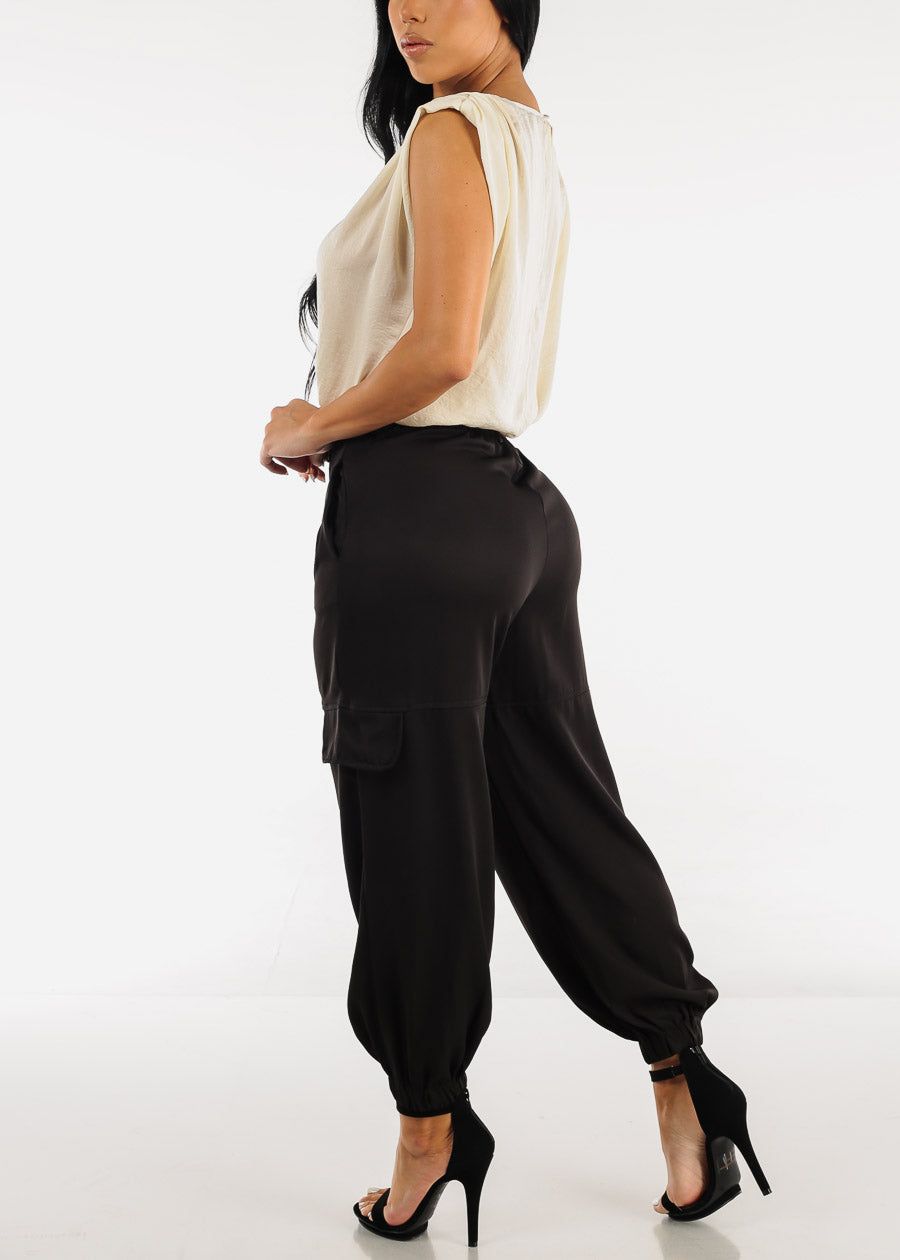 Black High Waisted Cargo Jogger Pants sold by Moda product image thumbnail 5