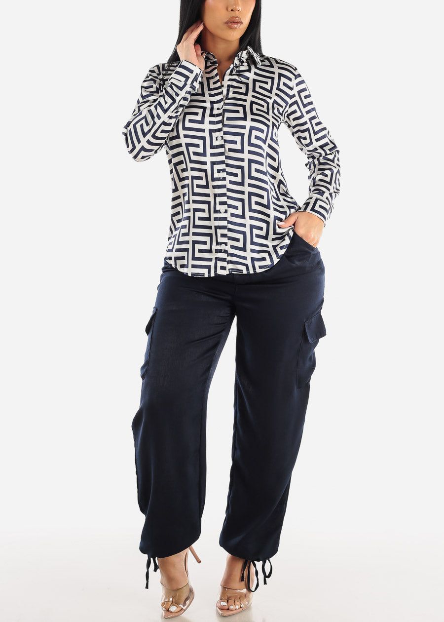 Printed Long Sleeve Button Down Satin Blouse Navy sold by Moda product image thumbnail 2