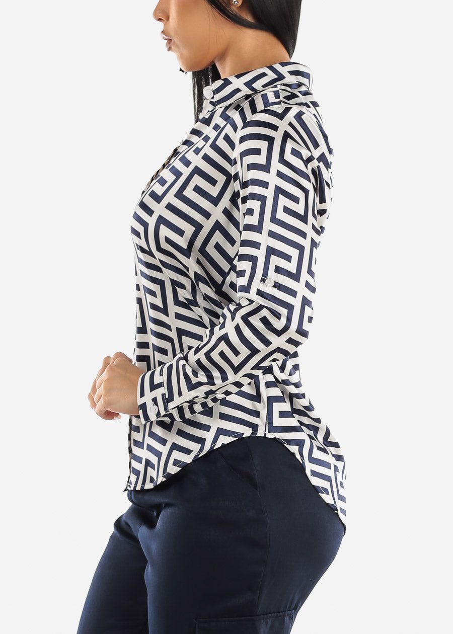 Printed Long Sleeve Button Down Satin Blouse Navy sold by Moda product image thumbnail 3