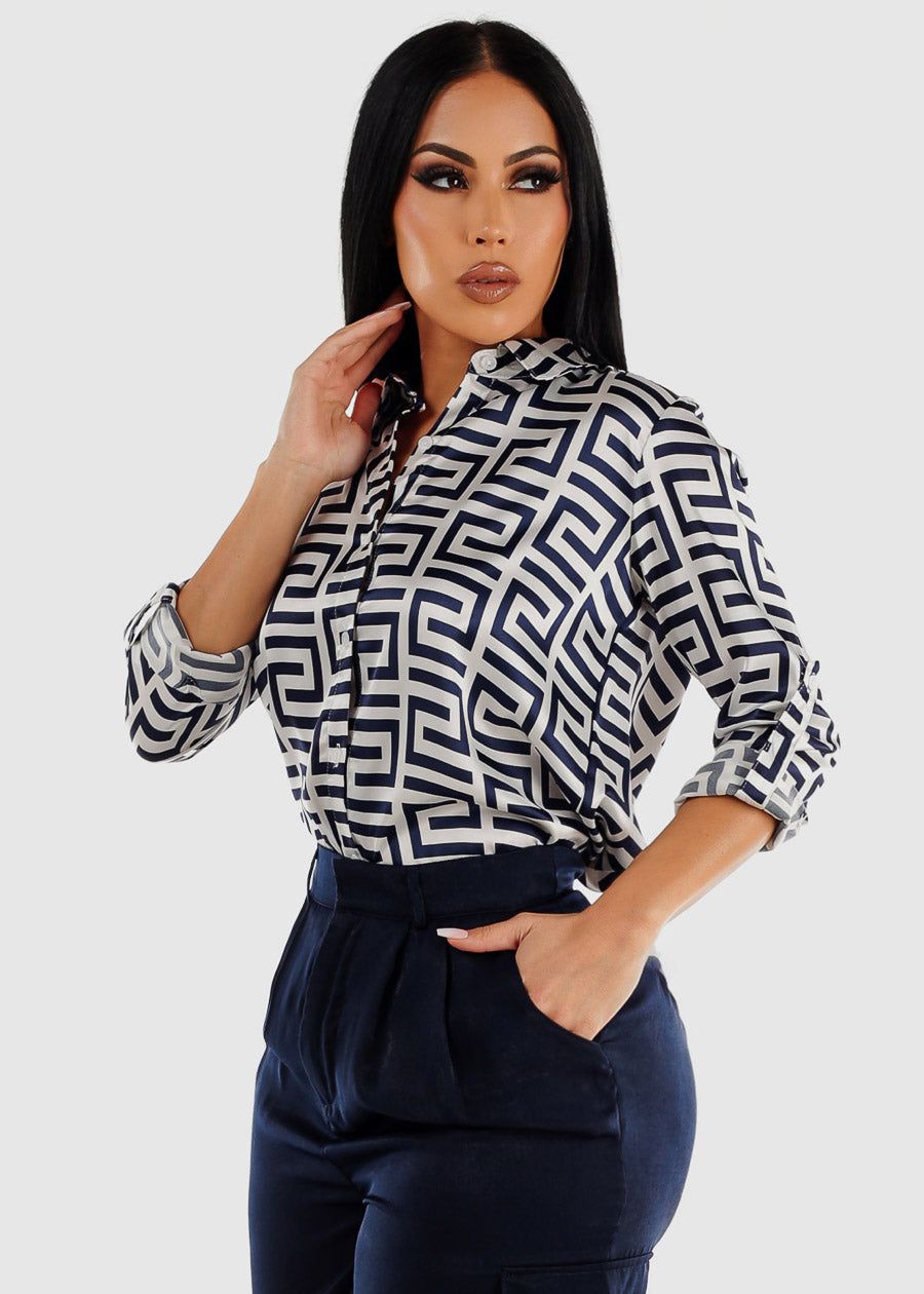Printed Long Sleeve Button Down Satin Blouse Navy sold by Moda