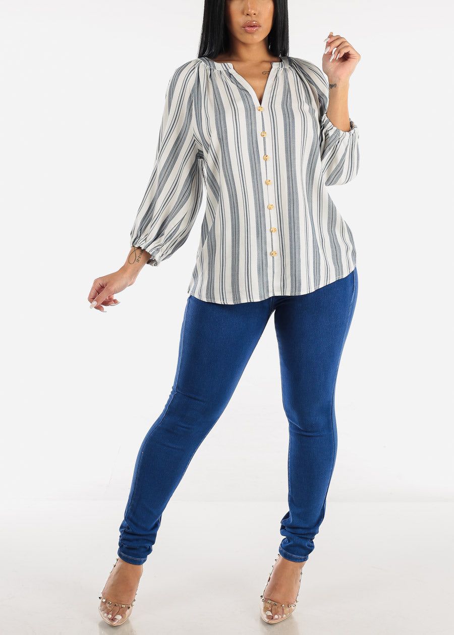 Quarter Sleeve Elastic Cuff Stripe Blouse Navy sold by Moda product image thumbnail 2