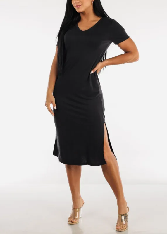 Black V Neck Split Hem Solid Tee Midi Dress sold by Moda