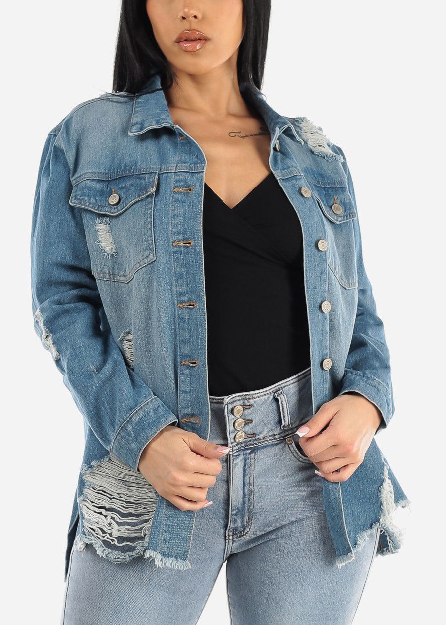 Distressed Med Blue Jean Shacket sold by Moda