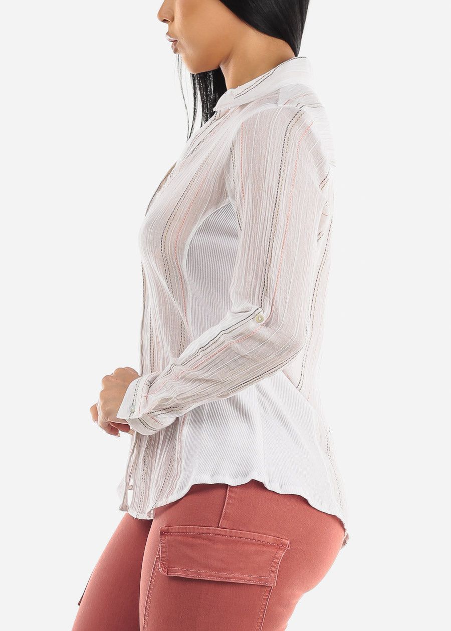 White Long Sleeve Button Down Striped Collared Blouse sold by Moda product image thumbnail 3