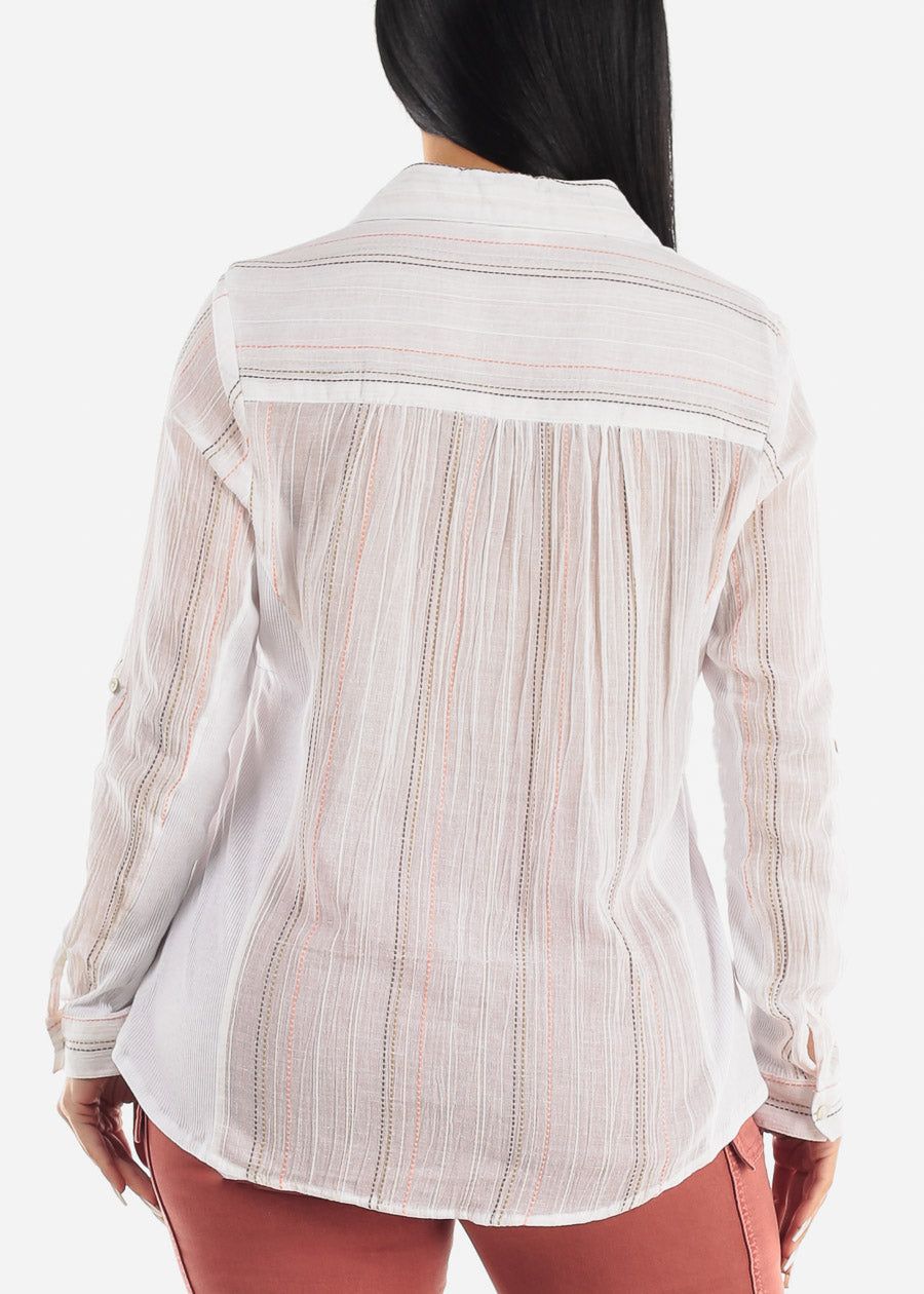 White Long Sleeve Button Down Striped Collared Blouse sold by Moda product image thumbnail 4