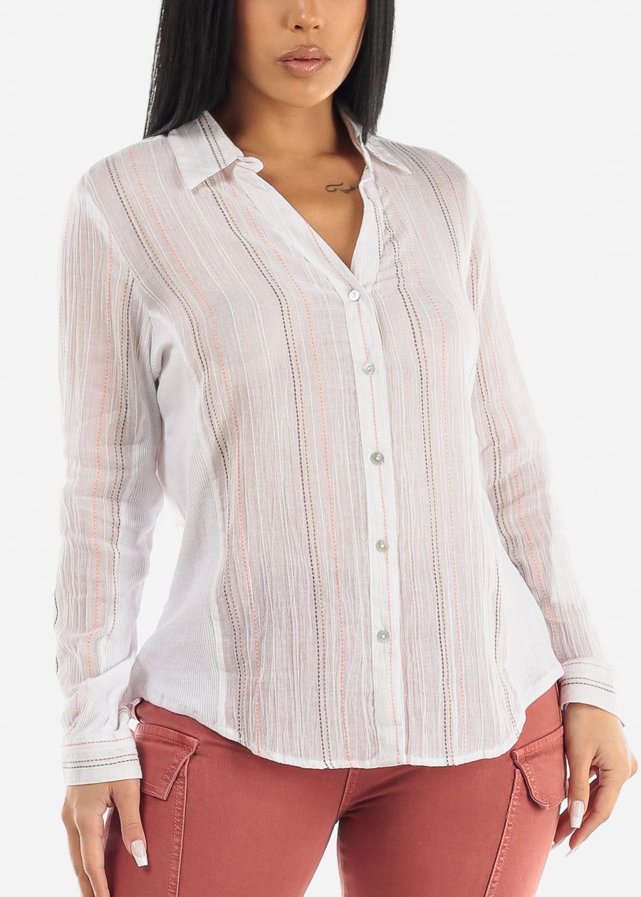 White Long Sleeve Button Down Striped Collared Blouse sold by Moda