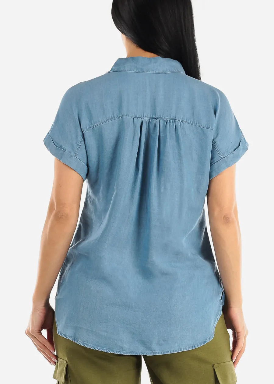 Short Sleeve Half Button Up Denim Top sold by Moda product image thumbnail 4