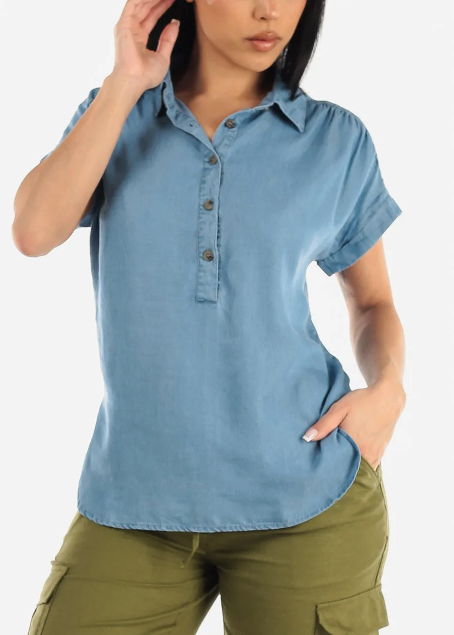 Short Sleeve Half Button Up Denim Top sold by Moda