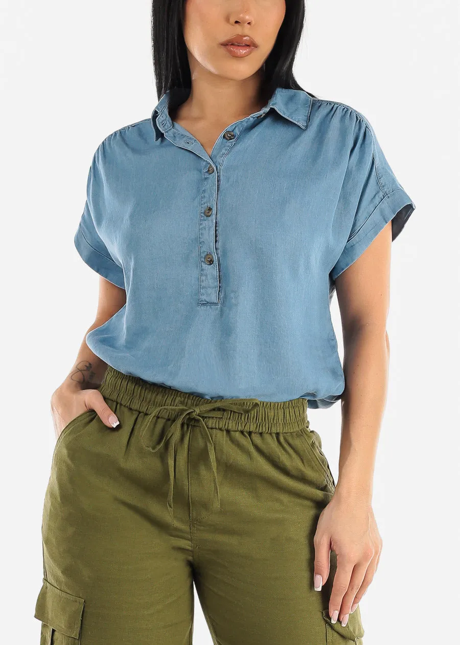 Short Sleeve Half Button Up Denim Top sold by Moda product image thumbnail 5