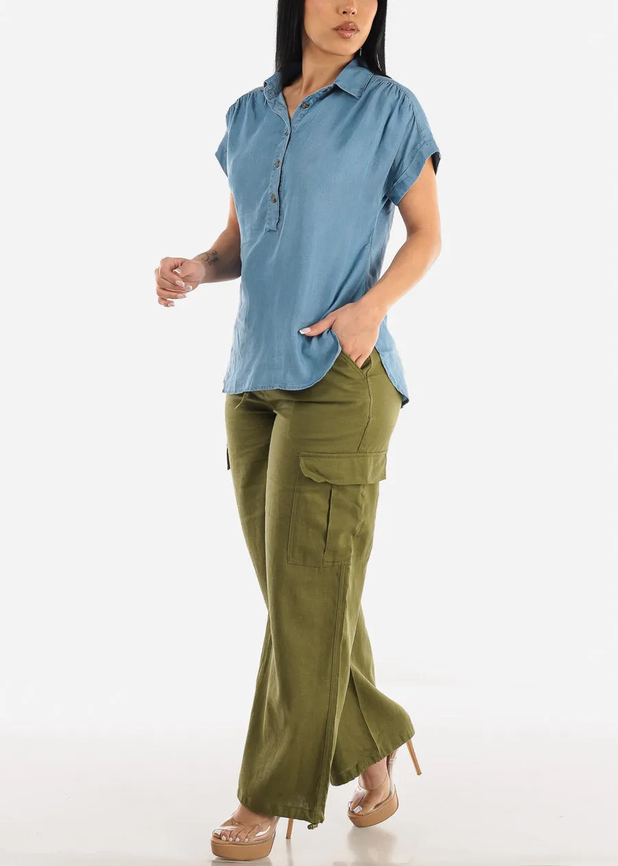 Short Sleeve Half Button Up Denim Top sold by Moda product image thumbnail 2