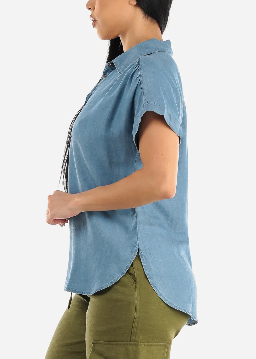 Short Sleeve Half Button Up Denim Top sold by Moda product image thumbnail 3