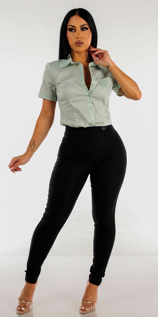 High Waisted Black Skinny Pants with Mint Short Sleeve Button Up Shirt sold by Moda