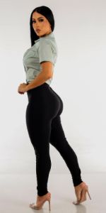 High Waisted Black Skinny Pants with Mint Short Sleeve Button Up Shirt sold by Moda