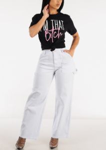 White High Waisted Wide Leg Straight Pants sold by Moda