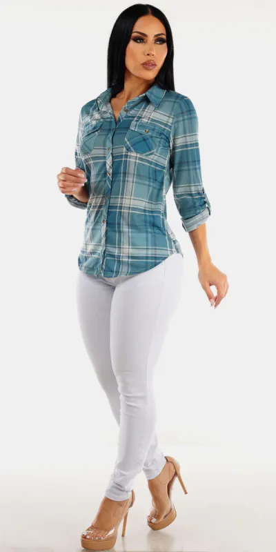 White Denim & Blue Plaid Outfit sold by Moda