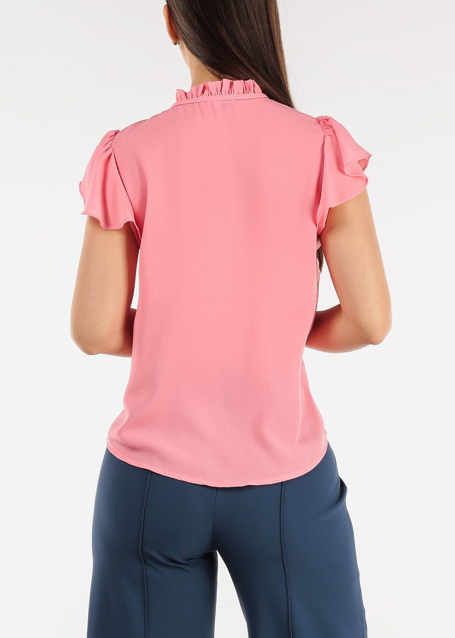 Short Sleeve Lace Trim Neck Tie Top Bright Pink sold by Moda product image thumbnail 4