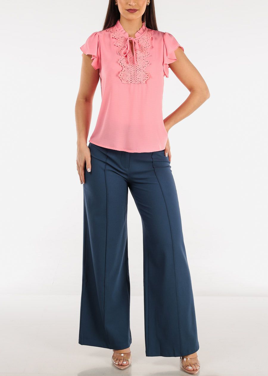 Short Sleeve Lace Trim Neck Tie Top Bright Pink sold by Moda product image thumbnail 2