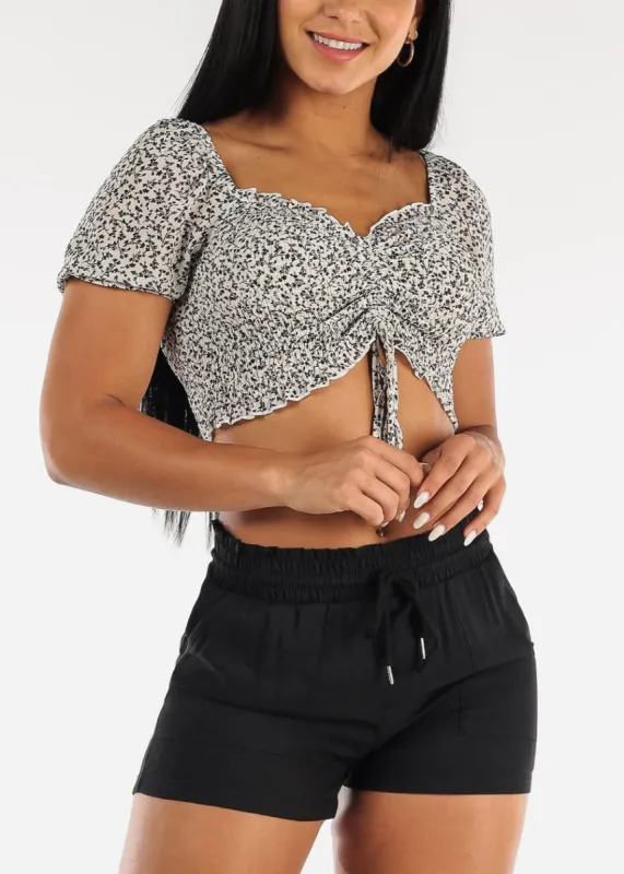 Floral Drawstring Front Smocked Crop Top White made by Moda