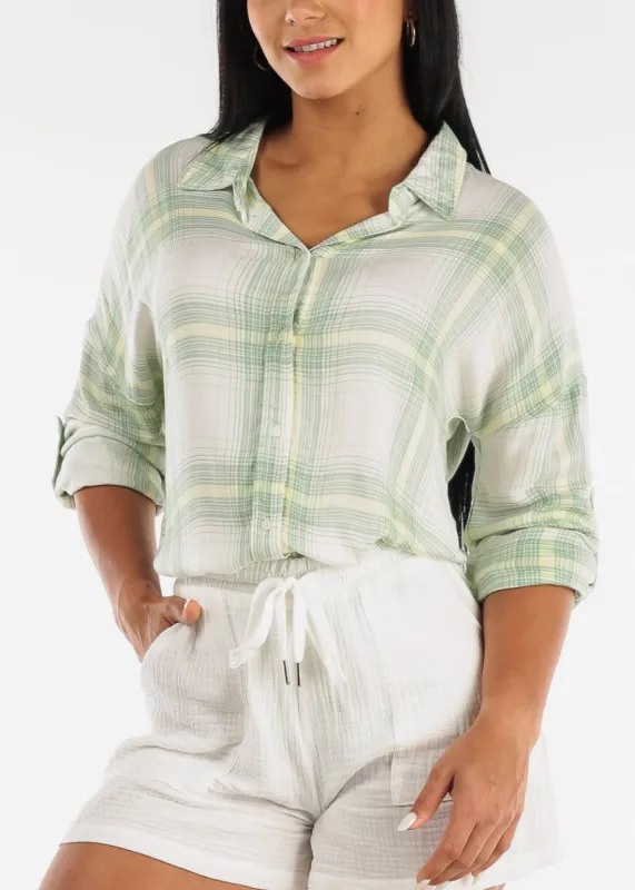 Long Sleeve Button Down Oversized Plaid Shirt Green sold by Moda