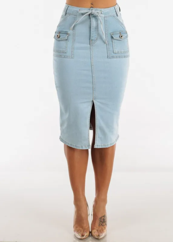 Belted Denim Pencil Midi Skirt w Pockets sold by Moda