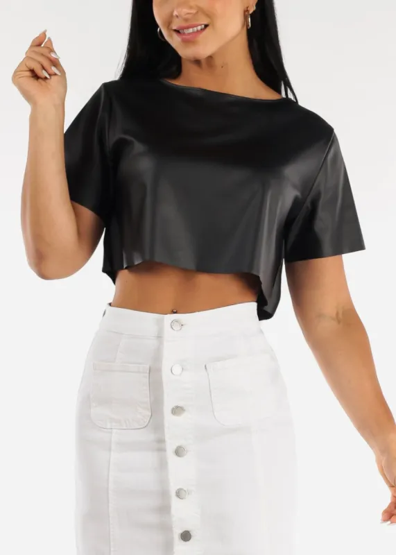 Black Faux Leather Short Sleeve Crop Top sold by Moda