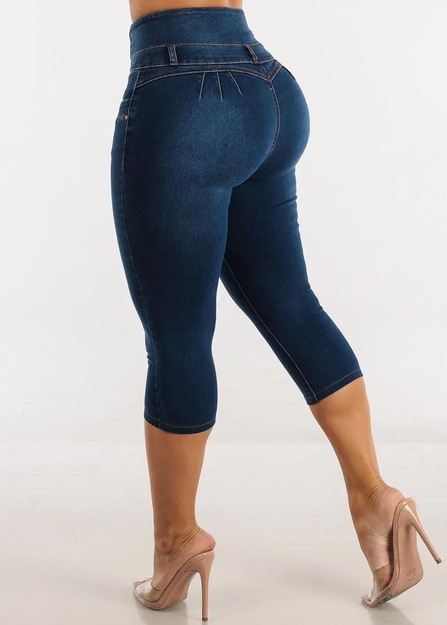 MX JEANS Butt Lifting High Waist Denim Capris Dark Blue sold by Moda