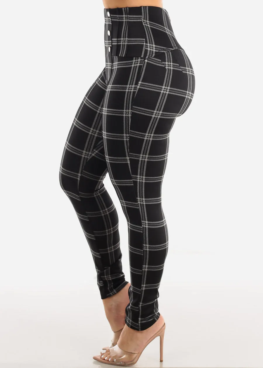 Black Butt Lifting Plaid Skinny Pants w Buttons Detail sold by Moda product image thumbnail 4