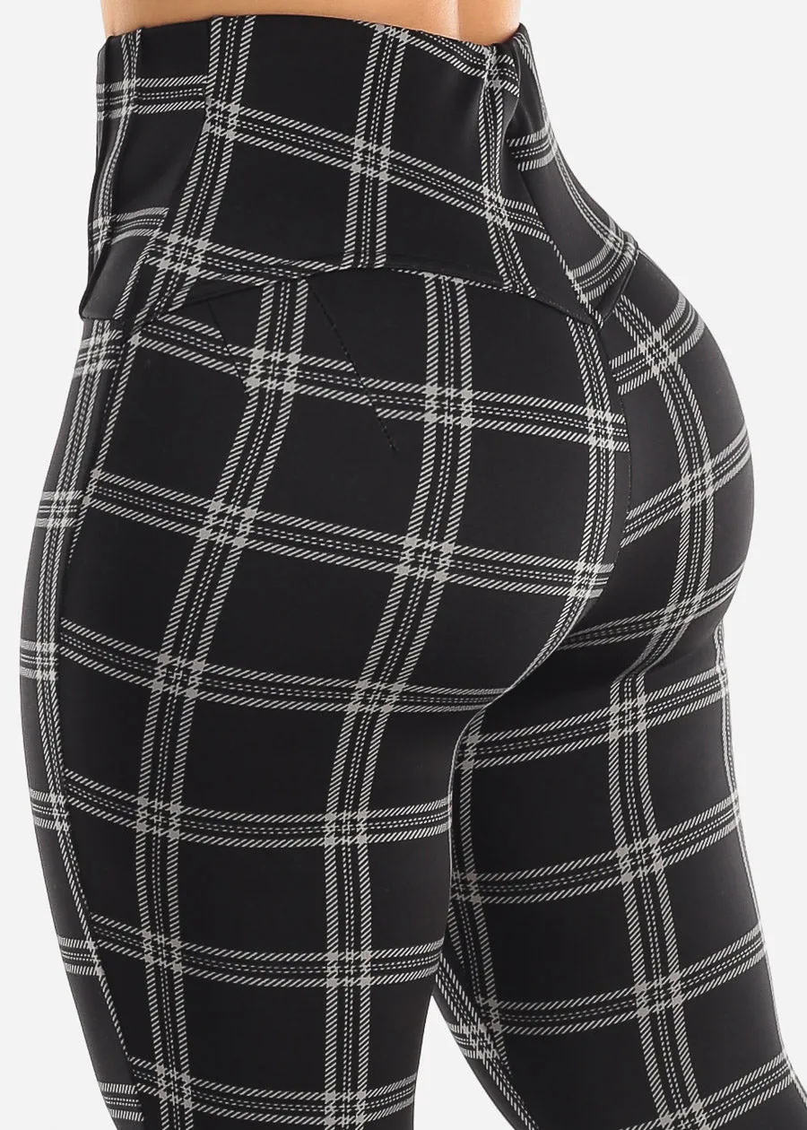 Black Butt Lifting Plaid Skinny Pants w Buttons Detail sold by Moda
