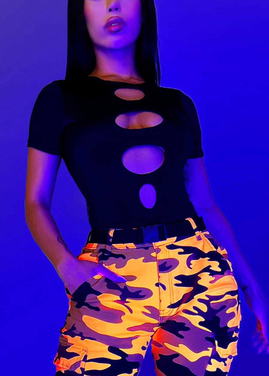 Short Sleeve Cut Out Black Thong Bodysuit sold by Moda product image thumbnail 2