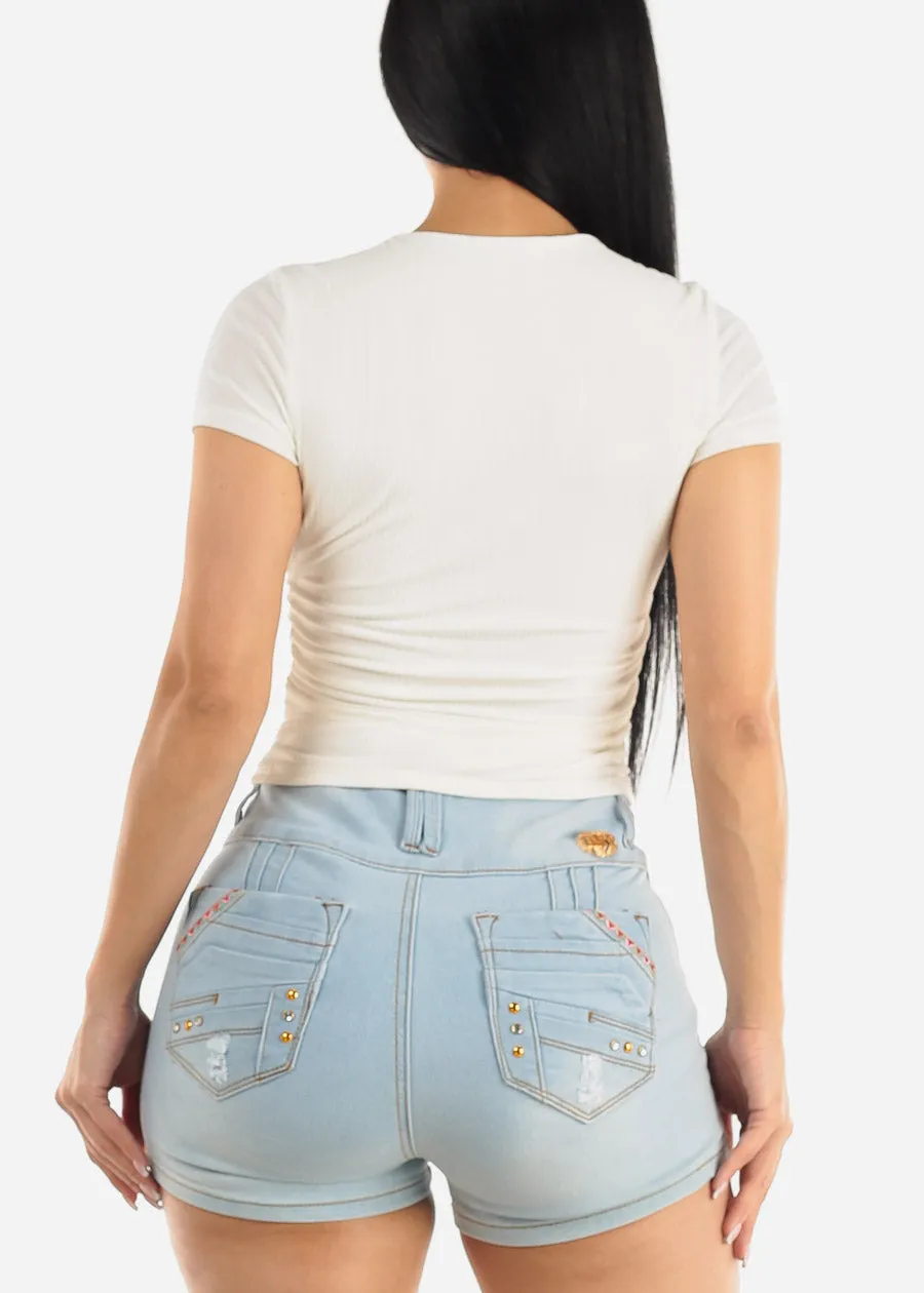 White Short Sleeve Crewneck Ruched Top sold by Moda product image thumbnail 4